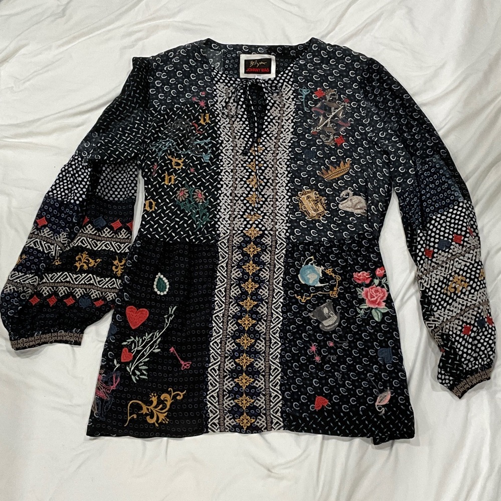 Johnny Was Black Blouse with Multicolor Embroidery